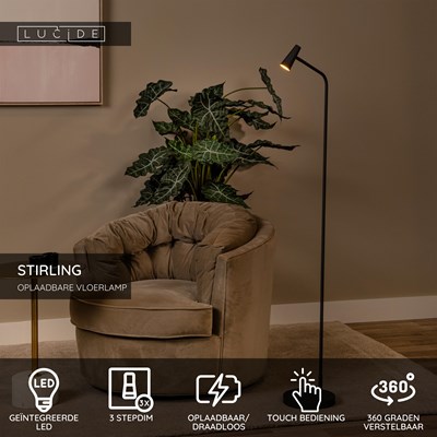 Lucide STIRLING - Oplaadbare Vloerlamp - Accu/Batterij - LED 3 StepDim - 1x3W 2700K - Zwart